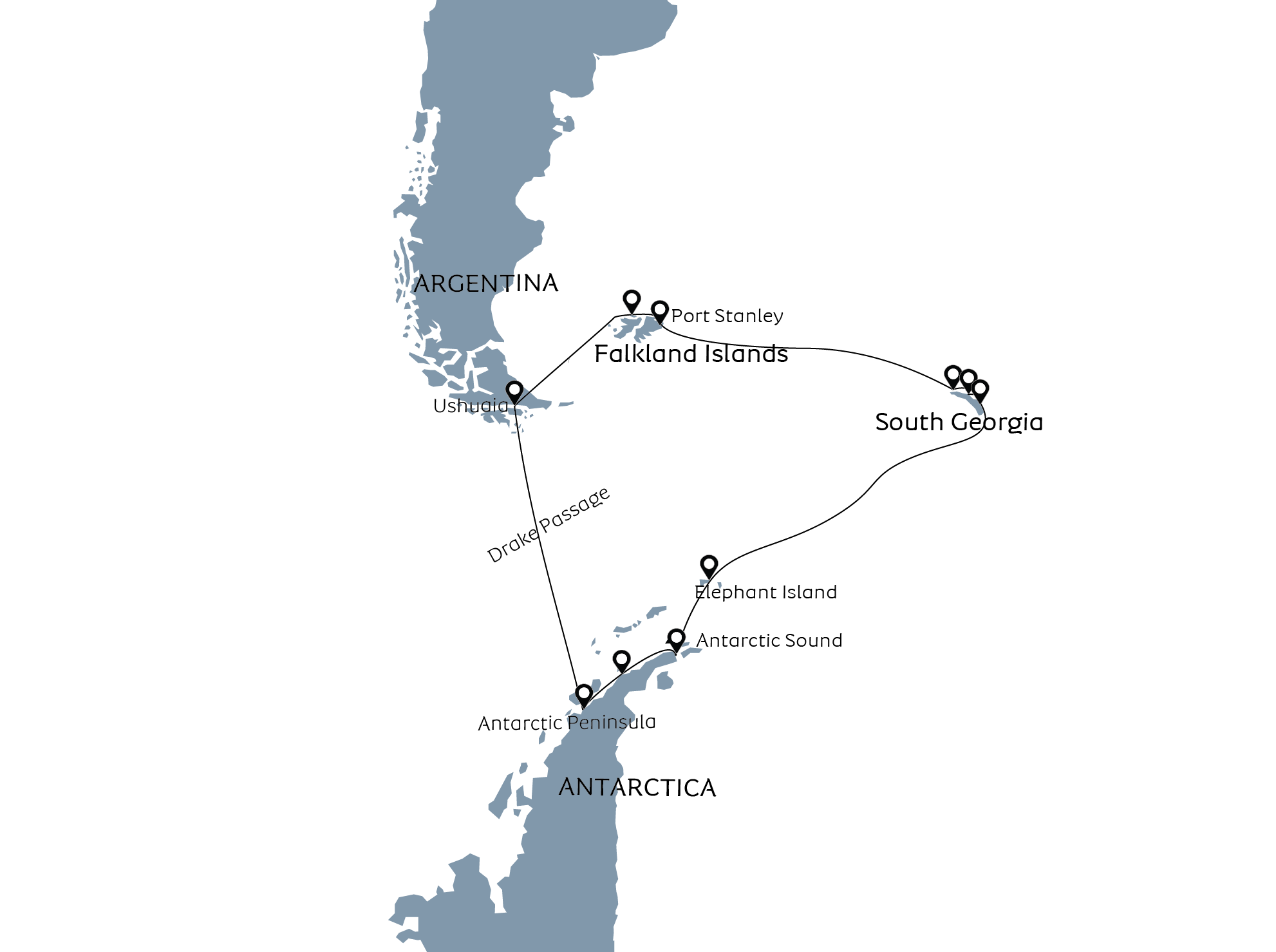 海洋信天翁号福克兰群岛南乔治亚岛和南极半岛19日旅行地图