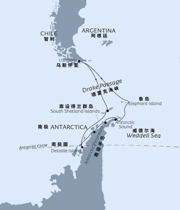 海洋信天翁号 Ocean Albatros 11天跨越南极圈行程地图