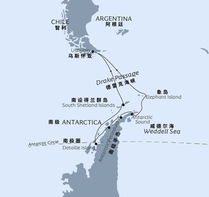 海洋信天翁号 Ocean Albatros 11天跨越南极圈行程地图