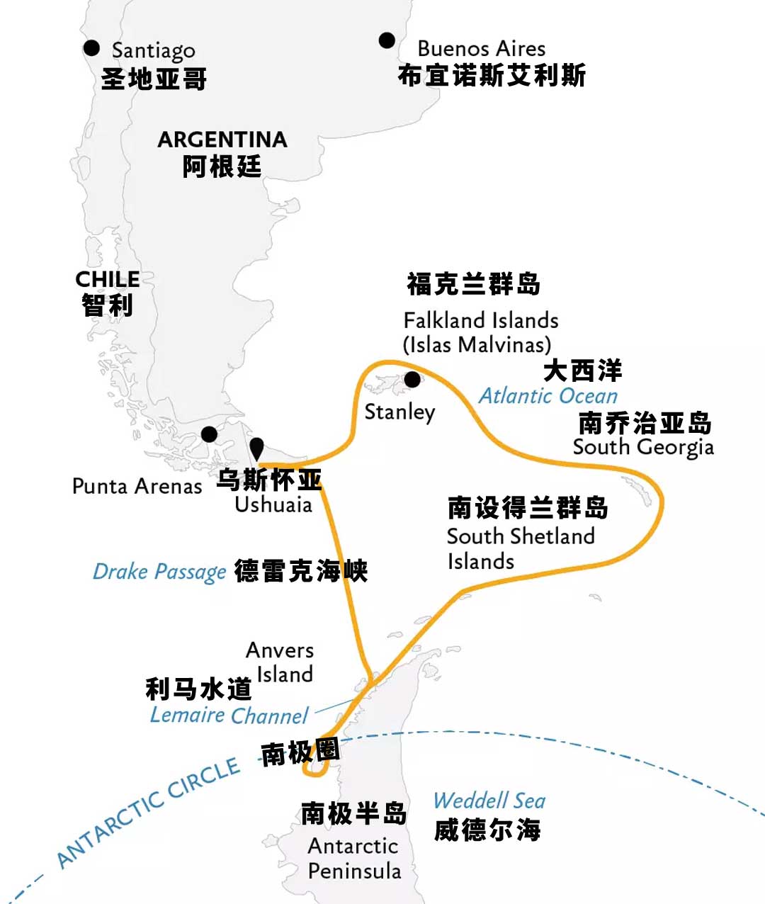 23天乌斯怀亚三岛跨南极圈旅行地图